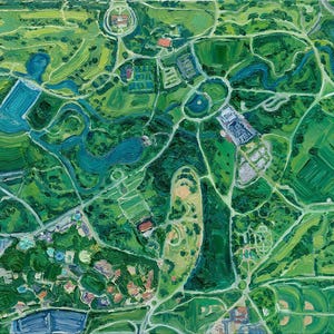 An original oil painting by Olivia Serrill of Forest Park, St. Louis, Missouri, depicting the park in an aerial landscape view, derived from satellite imagery.