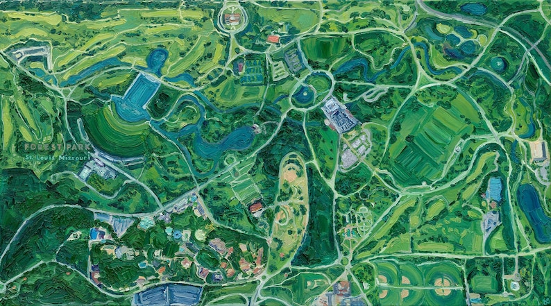 An original oil painting by Olivia Serrill of Forest Park, St. Louis, Missouri, depicting the park in an aerial landscape view, derived from satellite imagery.