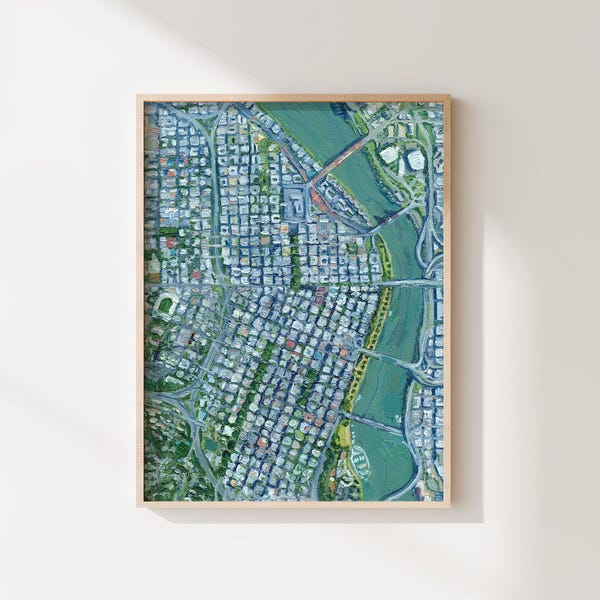 Downtown, Portland, Oregon Fine Art Giclée Print—Pacific Northwest Aerial Cityscape Wall Art Painting by Olivia Serrill