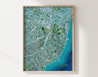 Può includere: Una stampa di mappa aerea colorata di Grosse Pointe, Michigan. La mappa mostra le strade e le case in uno schema a griglia con un'area d'acqua blu sul lato destro della mappa.