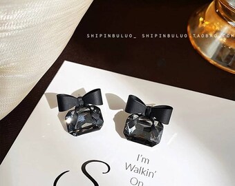 Cute velvet black bow earrings with gem hoop clip-on available