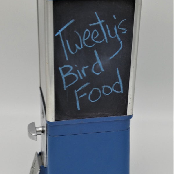 PET BIRD Treat Dispenser in BLUE Repurposed from Authentic Vintage Gumball Machine with Chalkboard Panels