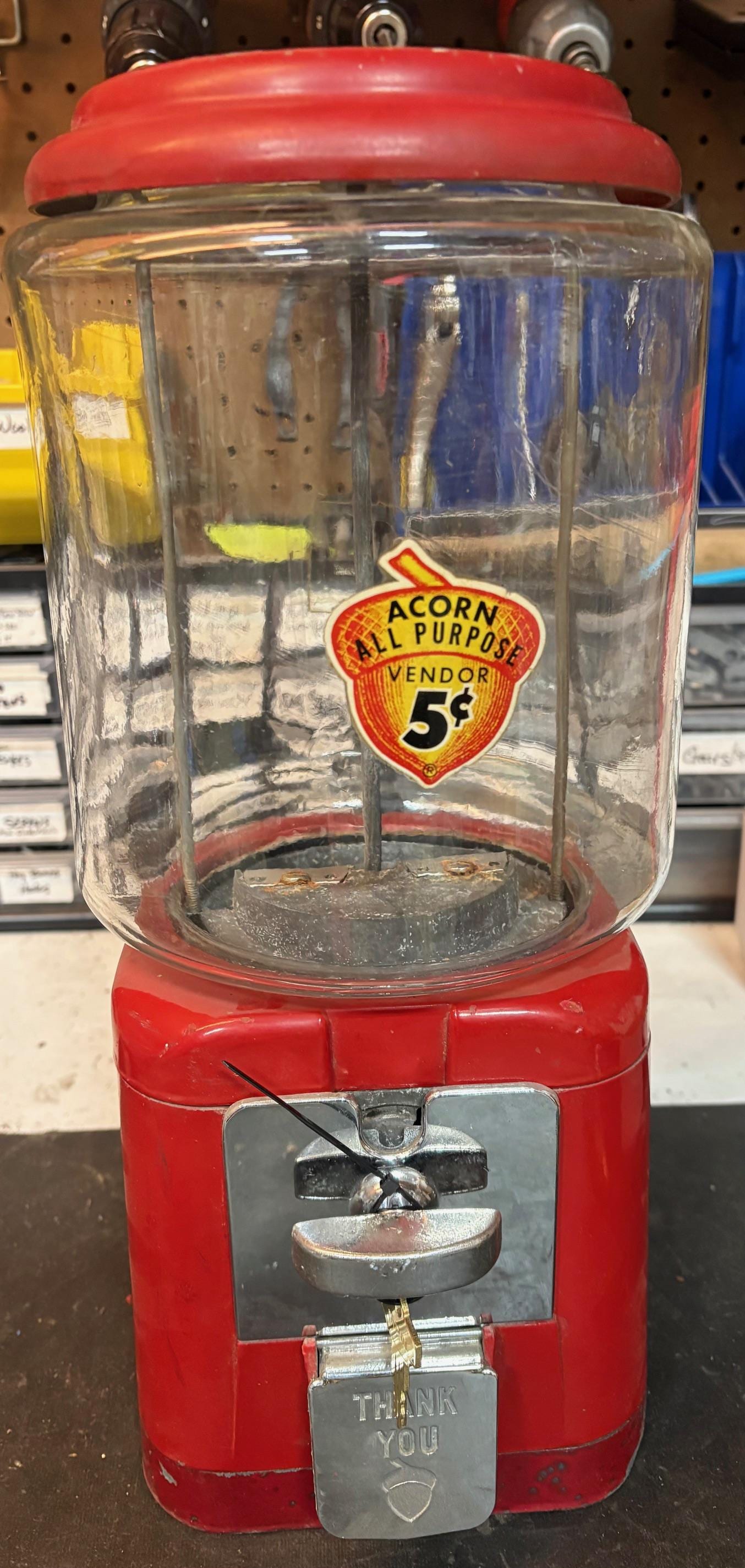 Vintage 1940's Oak Acorn Nickel Candy Nut Gumball Machine With