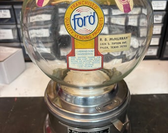 Vintage Lions Club Ford Gum Gumball Machine with Glass Globe and Original Lions Advertisement