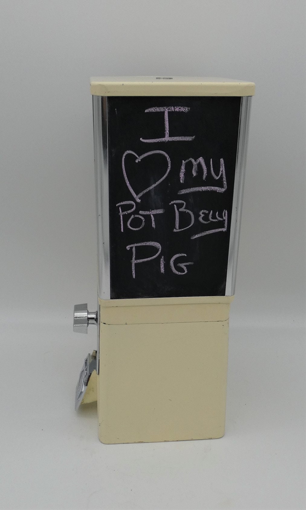 POT BELLIED PIGS Treat Dispenser in white Repurposed from Authentic Vintage Gumball Machine with Chalkboard Panels