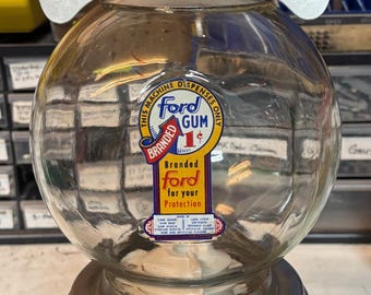 Antique Ford Penny Gum Gumball Machine with Jaycees Club Topper and Early 1 cent Decal and Illinois Tax Stamp