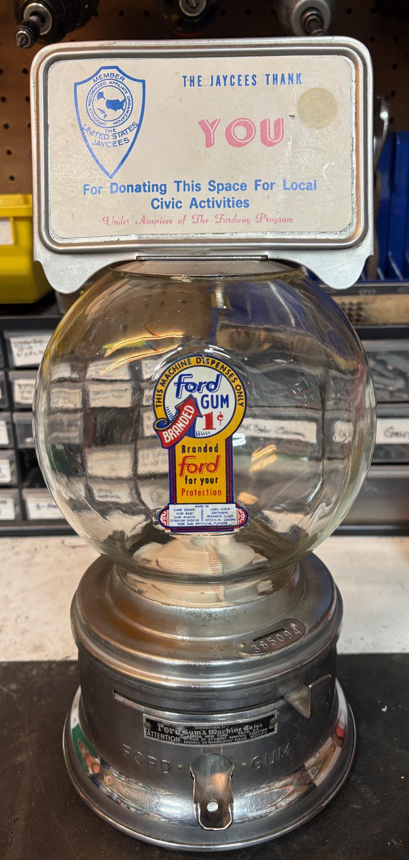 Antique Ford Penny Gum Gumball Machine With Jaycees Club Topper
