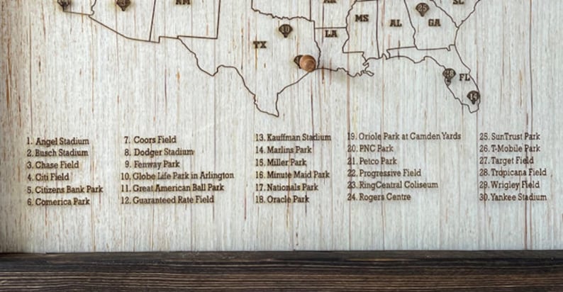 Personalized MLB Wood US Travel Map Baseball fans, stadium bucket list image 2