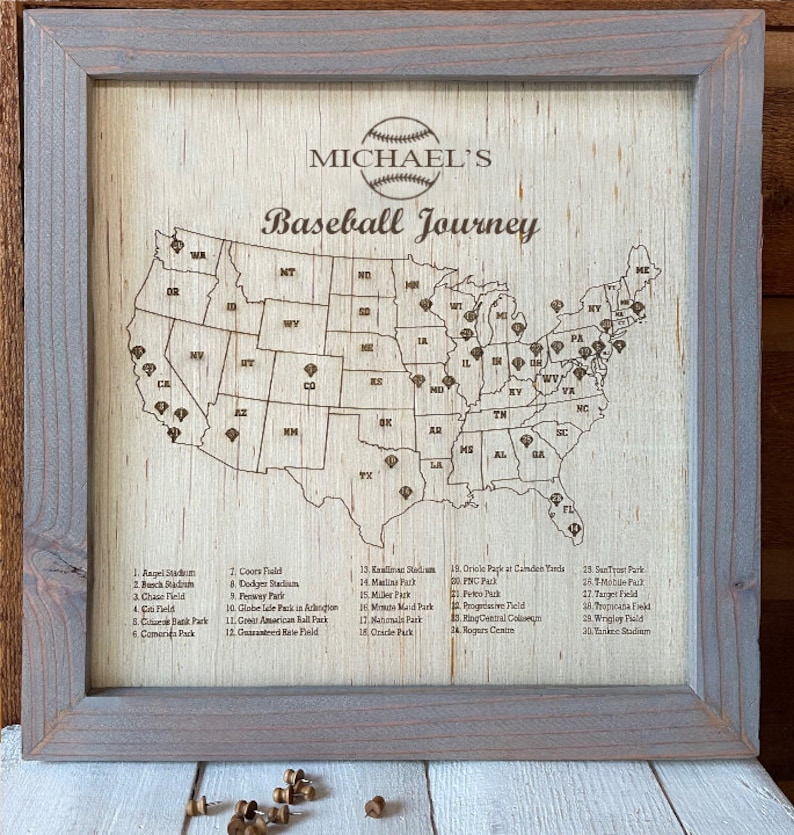 Personalized MLB Wood US Travel Map Baseball fans, stadium bucket list image 1