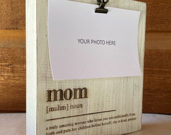 White Distressed "Mom" Wood Photo Block Frames - Engraved with dictionary definition. Perfect for mom, Mother's Day, birthdays.