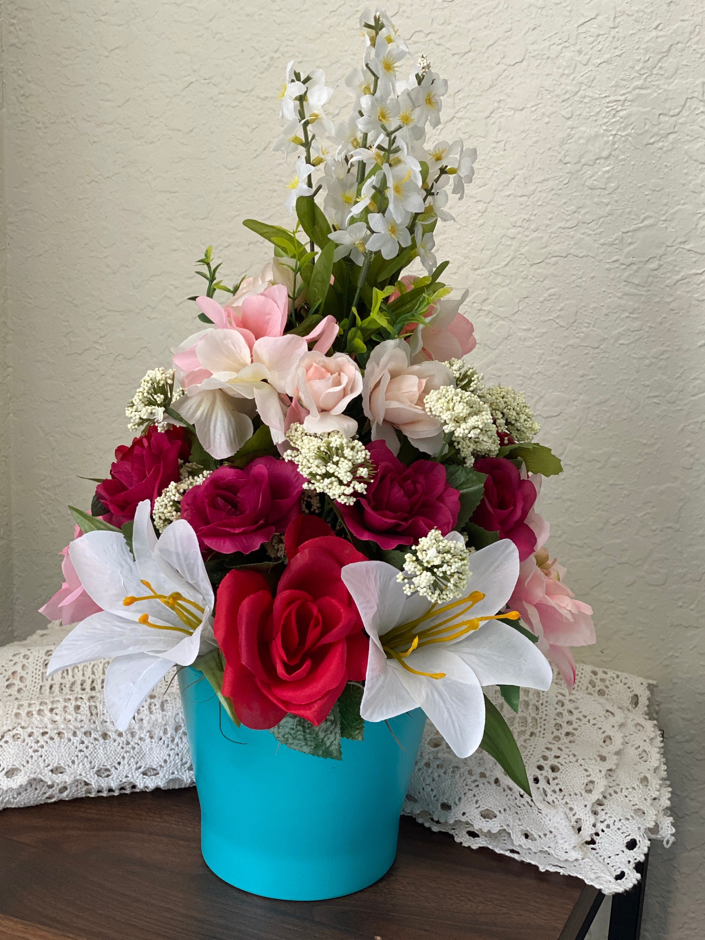 Summer silk flowers arrangement in blue vase desktop Etsy