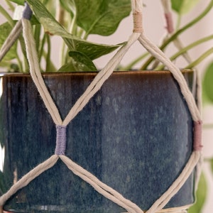Könnte beinhalten: Ein hängender Blumentopf mit einem blauen Keramiktopf und einem goldenen Sockel, der von einem Makramee-Pflanzenaufhänger gehalten wird. Das Makramee hat cremefarbenes Seil mit Lavendel- und rosa Akzenten. Eine grüne Blätterpflanze befindet sich im Topf.
