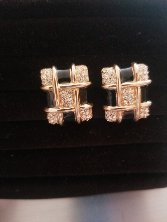 SALE*Swarovski Pave Crystal and Black Enamel Earr… - image 1