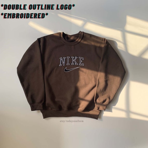 EMBROIDERED 90s Spell Out Retro Sweatshirt | Brown Jumper With Double Outline Logo