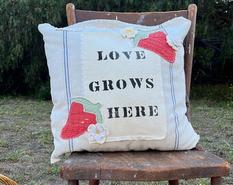 Handmade Quilted Strawberry Pillow - Vintage Grain Sack, "Love Grows Here"