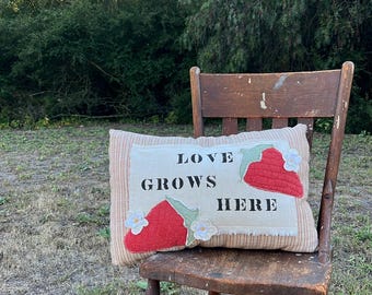 Quilted Strawberry Pillow – Hand Embroidered, Vintage Harvest Decor