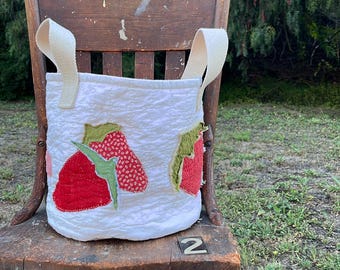 Handmade Strawberry Bucket Bag - Vintage Quilt Harvest Basket
