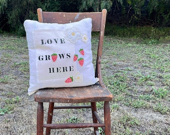 Handmade Strawberry Pillow – Love Grows Here, Vintage Grain Sack Quilt