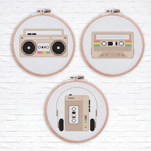 Brown Retro Cassette Tape, Boombox, and Walkman - Modern and Cute Cross Stitch PDF Pattern Set