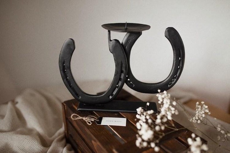 Rustic Elegance DecorArtisan CraftsmanshipHandcrafted Horseshoe CandleholderVintage Home Decor EnthusiastsHandmade MemorialHousewarming image 1