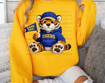Game Day Tigers PNG – Stuffed Tiger Mascot Sublimation Design – Blue & Gold School Spirit Digital Download – Printable T-Shirt Graphic