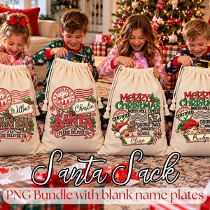May include: Four off-white canvas drawstring Santa sacks featuring festive red and green holiday graphics, including North Pole postmarks, Santa Claus imagery, and personalized name plates for Willow, Charlie, Claire, and Bradyn.