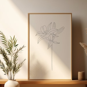 Flower Line Art, Botanical Line Art, Hand Draw Flowers, Lily, Floral, Minimalist Design, Wall Decor, Black and White Art, Printable Art