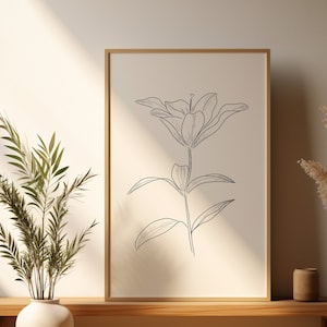 Flower Line Art, Botanical Line Art, Hand Draw Flowers, Lily, Floral, Minimalist Design, Wall Decor, Black and White Art, Printable Art