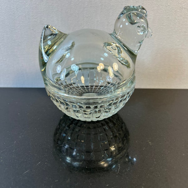 Vintage glass hen on basket
