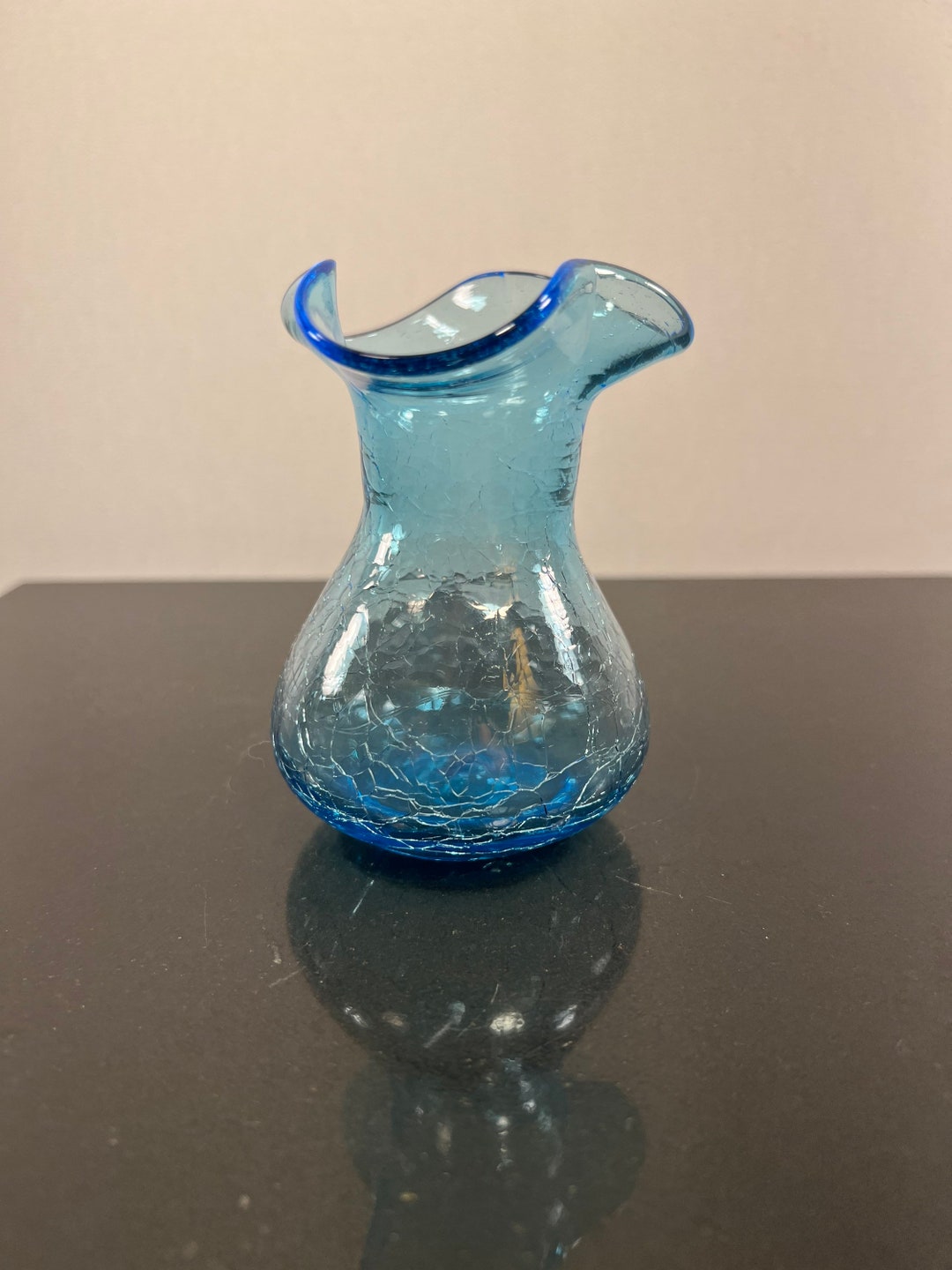 Vintage Blue Crackle Glass Vase Etsy