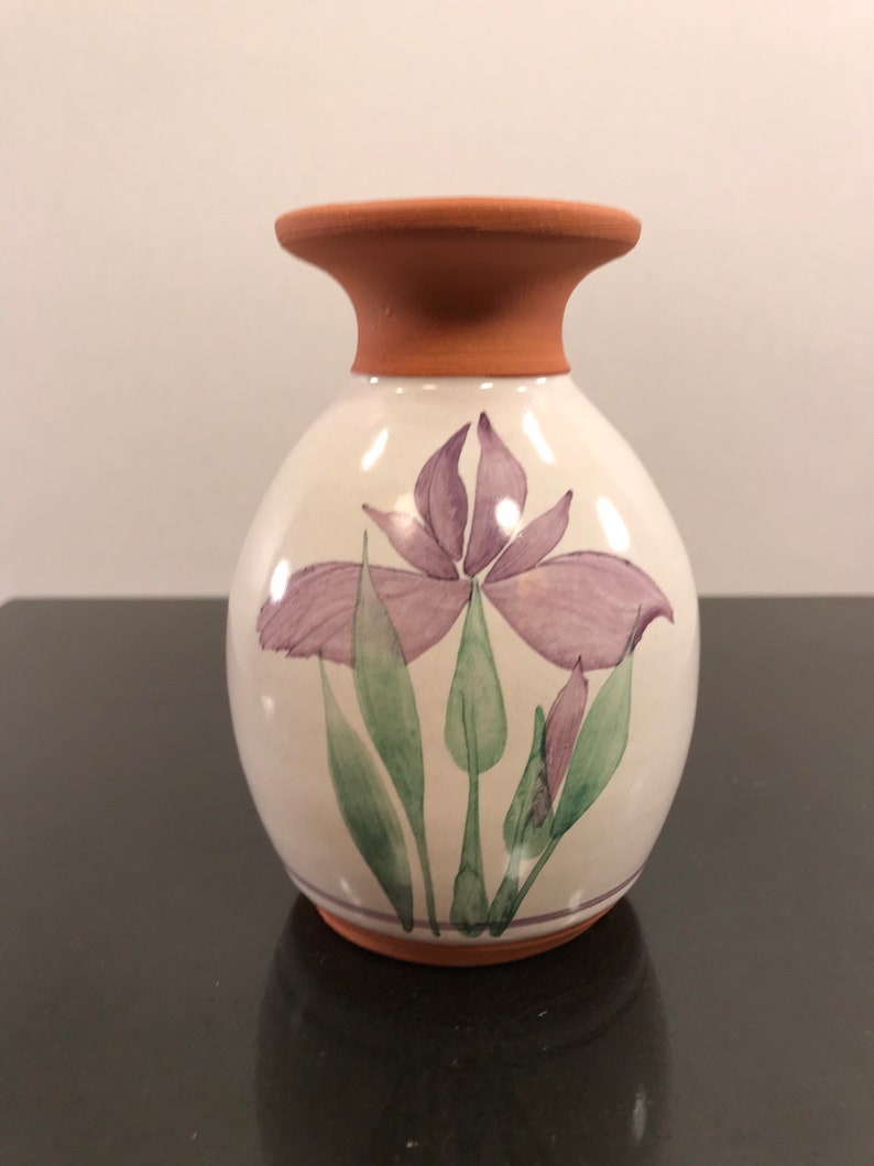 May include: A white ceramic vase with a terracotta rim, featuring a hand-painted design of purple irises with green leaves.