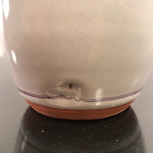 May include: A white ceramic vase with a purple stripe around the rim and a terracotta base.