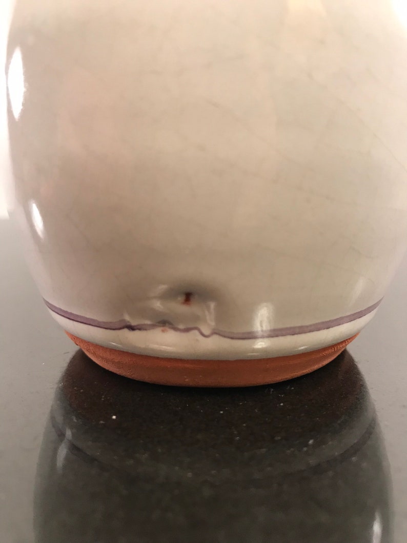May include: A white ceramic vase with a purple stripe around the rim and a terracotta base.