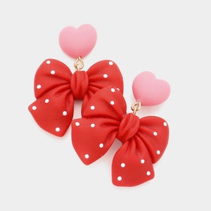 Red and pink bow with heart polymer clay dangle earrings- festive holiday earrings- Christmas gift for her- valentines heart earrings