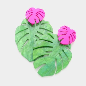 Tropical leaf/palm leaf green glitter & pink dangle earrings-vacay earrings- unique Mother’s day gift for her- Mrs earrings - wifey earrings