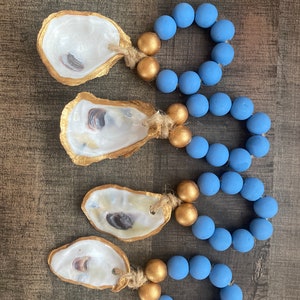 Coastal blue and gold oyster napkin rings/holders- oyster napkin rings- Christmas gift for her- coastal Christmas preppy gift