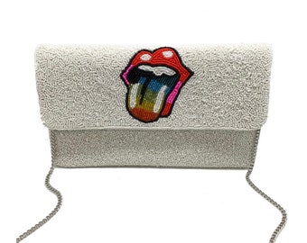 Multicolored lips white beaded clutch- rainbow lips crossbody- lip purse- rainbow purse