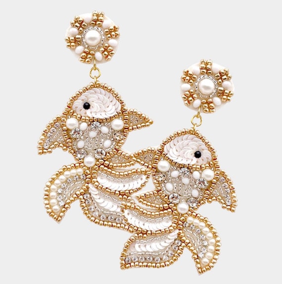 Bridal Shower Earring Fish Seed Bead Dangle Earrings With Pearls
