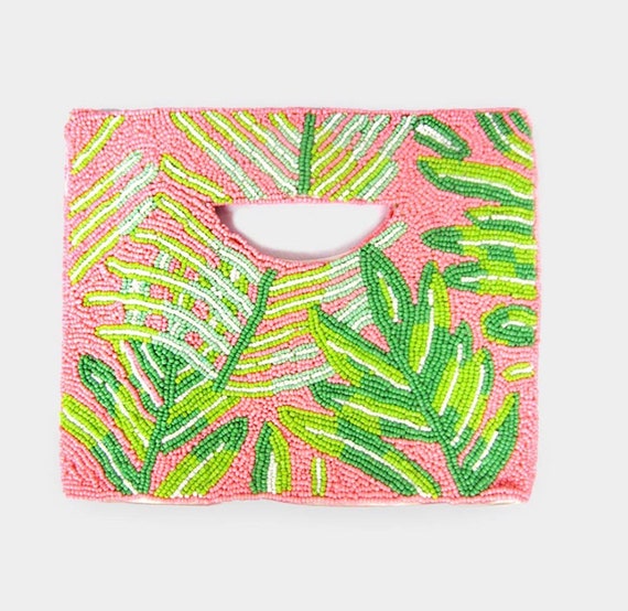 Palm Tree Green & Pink Beaded Clutch Palm Tree Clutch Vacay | Etsy