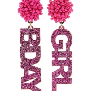 Birthday girl pink glitter acrylic & seed bead dangle earrings-unique birthday present for her- birthday earrings-celebration earrings