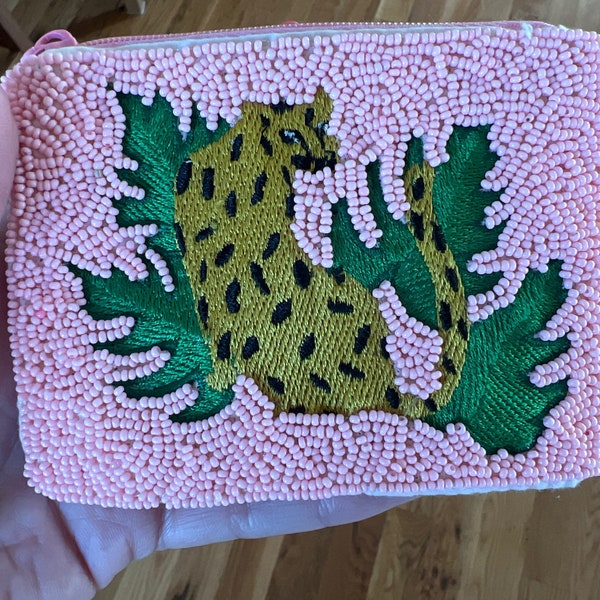 Pink tiger tropical palm seed bead and embroidery change purse- spring/summer unique coin purse- tiger purse- Mother’s Day gift- palm leaf