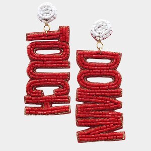 TOUCH DOWN Red & white football seed bead dangle earrings- game day earring- football fan earring- unique gift for football mom-