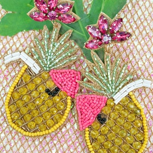 Pineapple yellow and pink bedazzled seed beaded dangle earrings- spring/summer earrings- vacay earrings- unique birthday gift for her