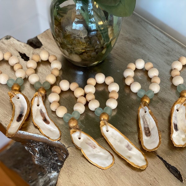 Natural wooden beads with aqua sea glass  oyster napkin rings/ napkin holders - dinner setting- oyster dinner table- hostess gift- coastal