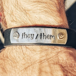 9&quot; black real leather cuff bracelet with aluminum hand-stamped, personalized tag attached