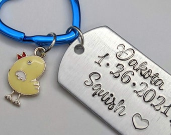 Customizable dog tag style keychain with blue heart key ring and charms to choose from