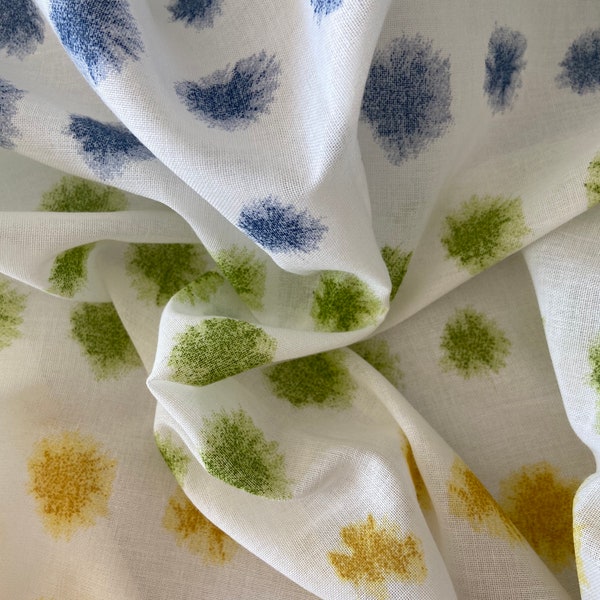 Tissu blanc pois vert bleu et jaune en polyester 114x114 cm , tissu plombé, tissu ameublement , coupons de tissu , tissu voilage