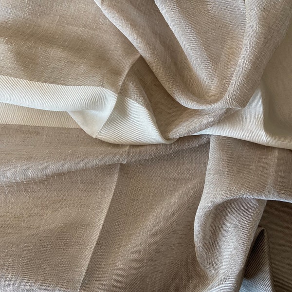 Tissu voile bandes marron taupe  en polyester , tissu voile rayures , tissu ameublement , coupons de tissu , tissu voilage