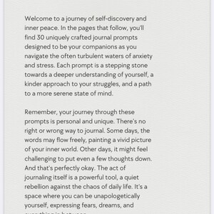 May include: A page from a journal with text about self-discovery and inner peace. The text encourages journaling as a way to navigate anxiety and stress. The text also mentions that journaling is a powerful tool for self-expression. The text is in black on a white background.