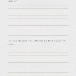 May include: A printable journal page with lined paper and the text "If your anxiety could teach you one lesson, what do you think it would be?" and "Visualize a safe, peaceful place. Describe it in detail, using all your senses."  The page also includes the text "@peaceofmyjournal".